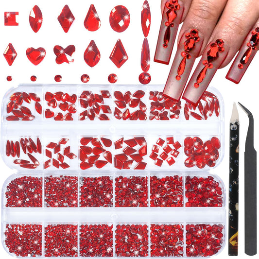 Nail Rhinestones - 3D Multi Shape Size, Flat Back, Crystals Manicure Rhinestones Charms, Red Nail Gems, with Kit, for Nail Art, Bedazzling Acrylic Nails, DIY Decor