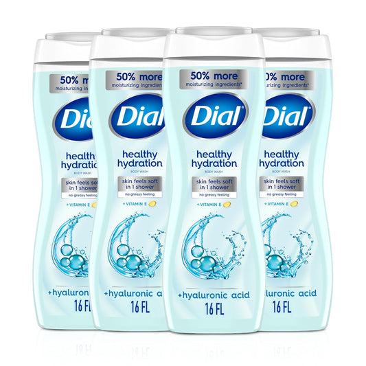 Dial Body Wash, Healthy Hydration, Hyaluronic Acid plus Vitamin E, 16 oz (Pack of 4)
