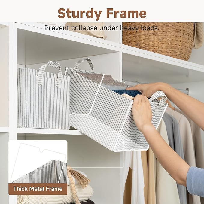 StorageWorks Storage Bins, Fabric Storage Bins for Shelves, Storage Baskets with Metal Frame, Closet Baskets and Bins with Handles, Khaki and Beige Stripes, 2-Pack