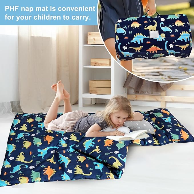 PHF Dinosaur Toddler Nap Mat Set, with Removable Pillow for Toddler Boys, Soft and Lightweight for Daycare, Preschool, Travel, Kindergarten Sleeping Bag, Fits Ages 3-6 Years, Dinosaur