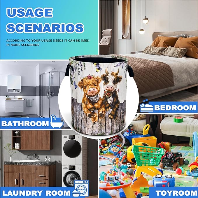 Highland Cow Laundry Basket Cute Calf Oxford Cloth Laundry Hamper With Handle Foldable Portable Clothes Storage Basket 18.9 X 16.5 Inch Storage Bag For Laundry Room/Bathroom/Bedroom/Dormitories