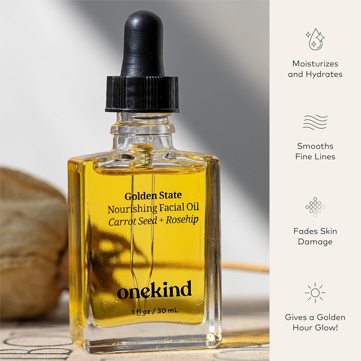 Onekind Golden State Anti Aging Botanical Face Oil with Rosehip Seed Oil, Sea Buckthorn Extract, Carrot Seed to Visibly Brighten, Firm, and Hydrate - Nourishing and Hydrating for Dry Skin