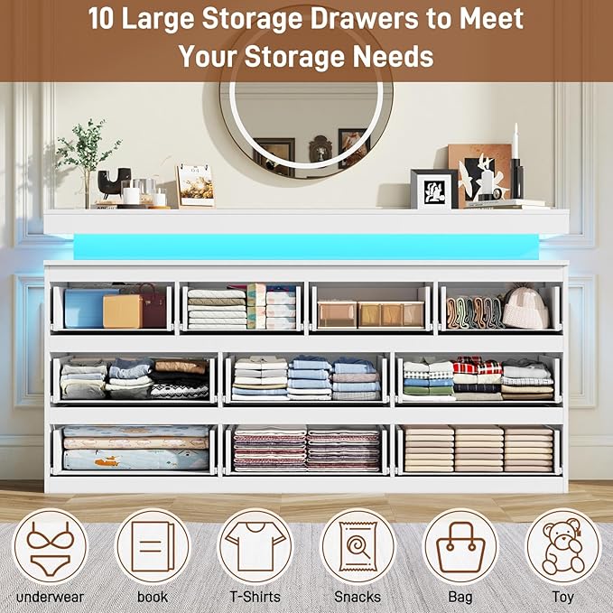 10 Drawer Dresser for Bedroom, 63“ Wide 34” Tall Drawer Organizer Cabinet with LED Light and Charge Station, Modern Chest of Drawers for Closet, Living Room, Entryway, Hallway (White, 10 Drawers)