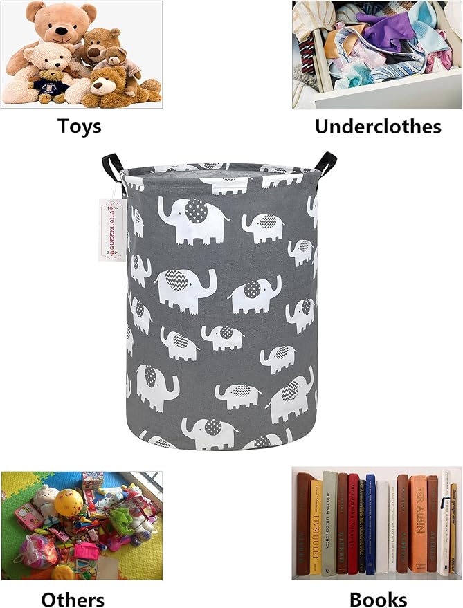 QUEENLALA Large Storage Basket,Laundry Hamper/Bathroom/Home Decor/Collapsible Round Storage Bin,Boys and Girls Hamper/Boxes/Clothing(Round-Elephant)