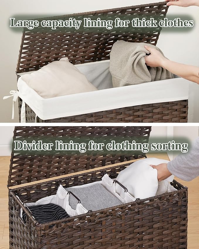 Laundry Hamper with Lid Laundry Basket 132 L (35 Gal) Wicker Clothes Hamper, Handwoven Rattan Hamper with Handles and 4 Removable Liner Bags, 6 Mesh Bags for Laundry Bedroom Brown