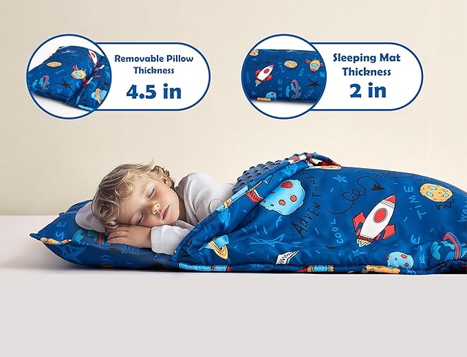 Toddler Nap Mat with Removable Pillow & Minky Blanket Sleeping Bag for Kids Handle & Fastening Nap Mats for Preschool Daycare Kindergarten Kids Sleeping Bag (Ages 2-7 Years) Blue Dinosaur