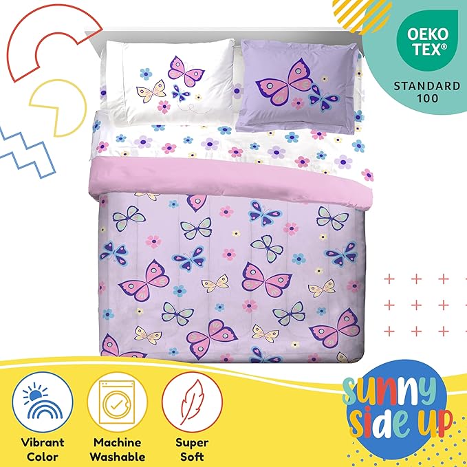 Sunny Side Up Butterfly Full Comforter Set - 7 Piece Kids Bedding Includes Comforter, Sheets & Pillow Cover - Super Soft Purple Floral Microfiber Bed Set