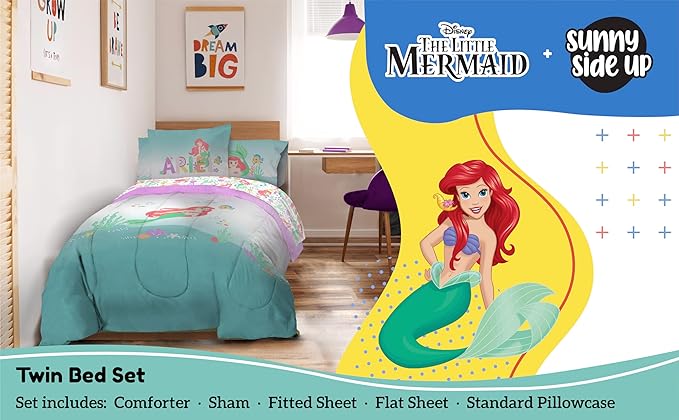 Sunny Side Up Disney The Little Mermaid Twin Comforter Set - 5 Piece Kids Bedding Includes Comforter, Sheets & Pillow Cover - Super Soft Ariel Microfiber Bed Set