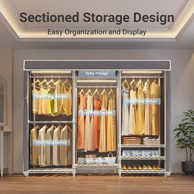 VIPEK V5LC Garment Rack Heavy Duty Covered Clothes Rack with Dimmable LED Lights, 3000K Warm White, Portable Closet Wardrobe Freestanding Clothing Racks for Hanging Clothes, White Rack with Grey Cover