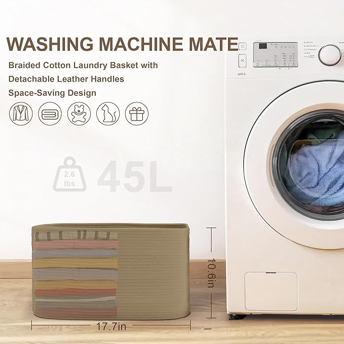 45L Small Wicker Laundry Basket for Living Room Storage,Cute Boho Woven Cotton Rope Baskets for Kids Toy,Gifts,Square Blanket Hamper for Bedroom Dirty Clothes,Jute