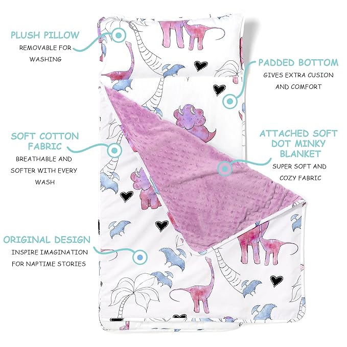 JumpOff Jo Nap Mat for Kids - Cozy Kids Rest Mat with Removable Pillow and Ultra Soft Blanket for Preschool, Daycare, and Sleepovers - Pink Dino