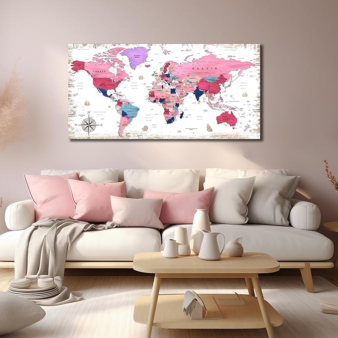 ZHAOSHOP Large World Map Canvas Wall-Art - Wall Decor For Girls Bedroom - Pink pictures Wall Decor Ready To Hang Size 59" x 29"