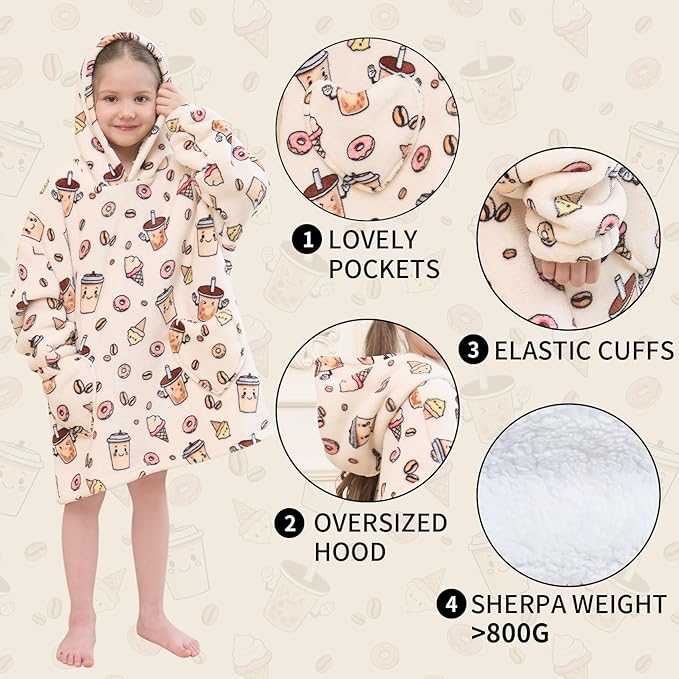 Fiosnow Milky Tea Blanket Hoodies for Kids Toddler 2-6YR Oversize Wearable Blanket Hoodies for Boys Girls Teens