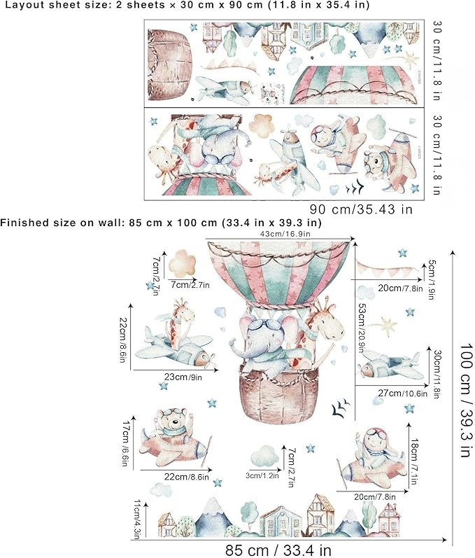 Flying Animals Wall Decals - Peel and Stick Hot Air Balloon Animals Wall Stickers, Aircrafts Decor for Baby Nursery, Toddler & Kids Bedroom Walls - Airplanes, Elephant, Giraffe, Bear