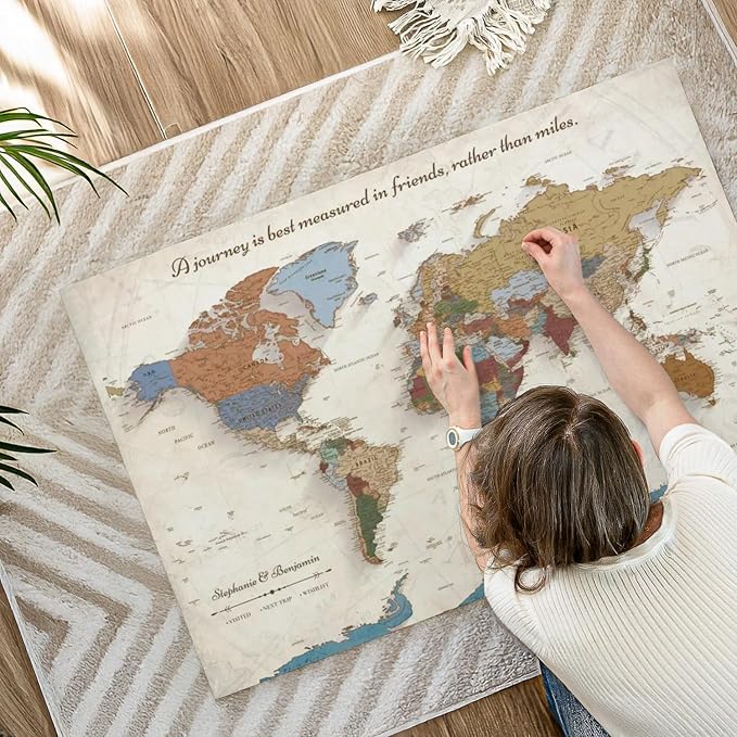 ElephantStock - Personalized Journey V Push Pin World Map Wall Art - Horizontal Canvas Wall Art - Living Room Wall Decor - Digital Art Map Canvas Art - Beige And Orange Decor - 45" x 30"