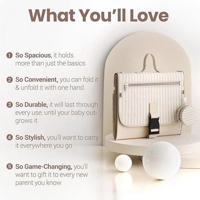 Portable Diaper Changing Pad - Large, Waterproof Travel Changing Pad for Baby with Extra Storage, Wipes Pocket & Pacifier Case - Portable Diaper Changing Station - Beige Striped