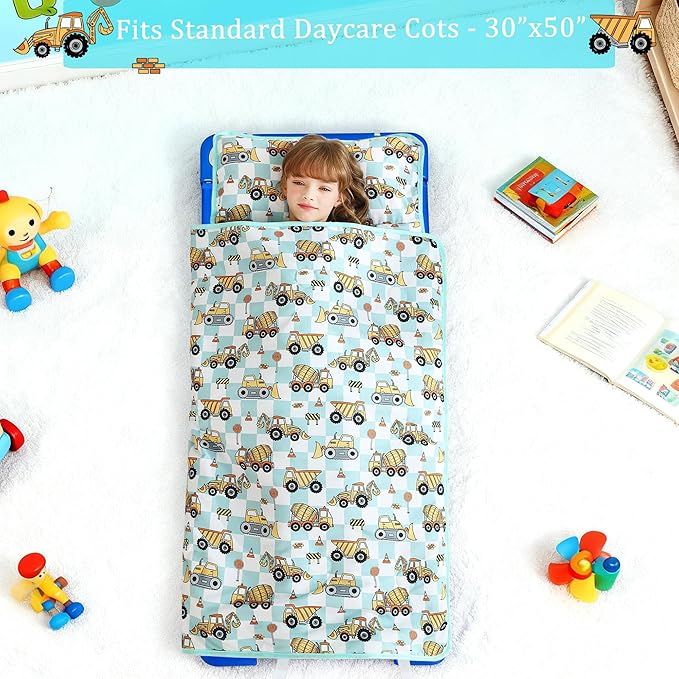 Toddler Nap Mat for Preschool 50''x30'' Sleeping Mat with Removable Pillow and Minky Blanket for Kids Ages 3-7 Roll Up Soft Sleeping Bag for Boys Girls Kindergarten Daycare Sleepover