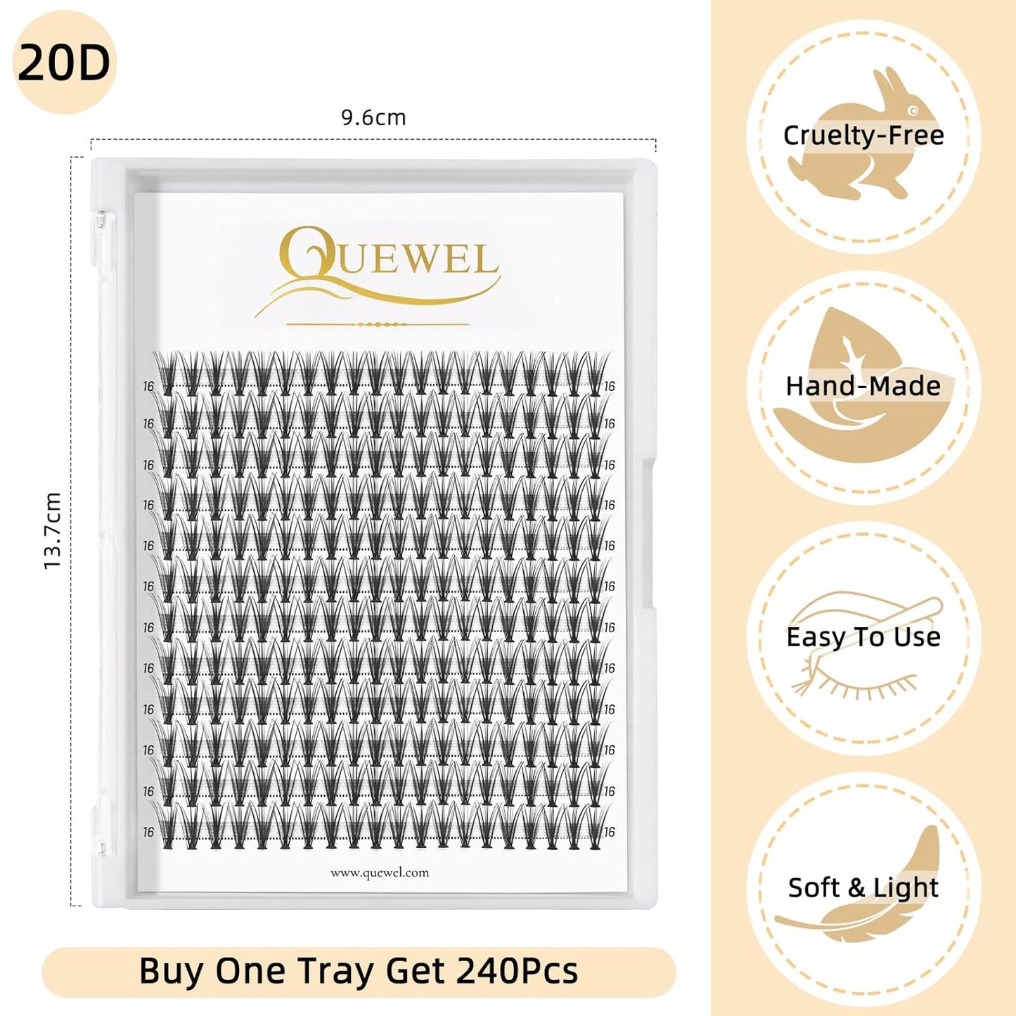 QUEWEL Cluster Lashes 240Pcs Individual Lashes 20D 0.07D Curl 16mm Knot-Free Lash Extensions Clusters Lashes Soft&Natural False Eyelashes Individual DIY Eyelash Extension at Home(20D 0.07D 16)