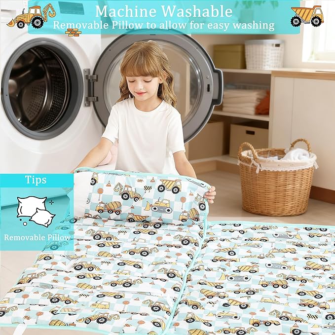 Toddler Nap Mat for Preschool 50''x30'' Sleeping Mat with Removable Pillow and Minky Blanket for Kids Ages 3-7 Roll Up Soft Sleeping Bag for Boys Girls Kindergarten Daycare Sleepover