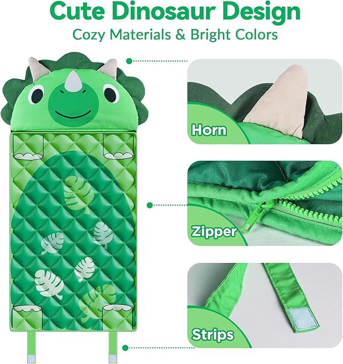 iPlay, iLearn Kid Sleeping Bag, Dinosaur Slumber Sack, Toddler Boy Nap Mat, 2 in 1 Green Dinos Cushion Blanket, Happy Travel Sleepover Daycare Preschool Birthday Gift for 3 4 5 6 Years Old Child