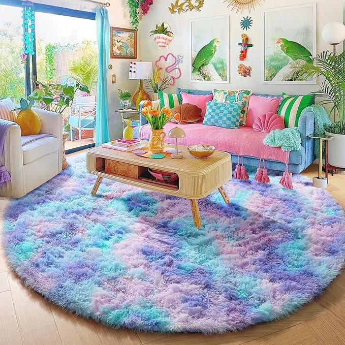 Amdrebio Purple Rainbow Round Rug 4Ft for Bedroom Girls Room Decor, Mermaid Stitch Frozen Kids Rugs for Playroom Nursery Dorm, Fluffy Furry Cute Shag Carpet, Kawaii Circle Area Rugs for Baby Toddler