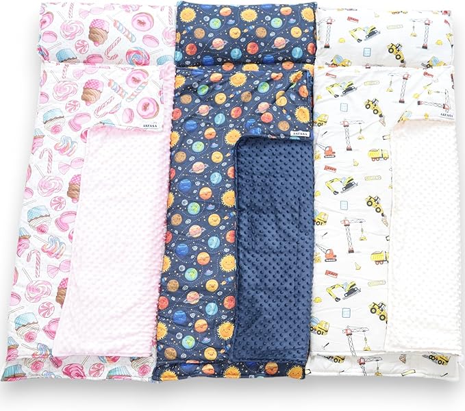 Toddler Nap Mat with Pillow and Blanket, Preschool, Nursery Sleeping Mat, Portable Bed for Kids, Ultra Soft Cotton, Fleece, Minky, Machine Washable, Travel Friendly, Kids Sleeping Bags, Cream.