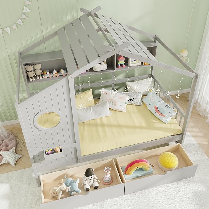 KOMFOTT Twin Size Wood House Bed with 2 Drawers, Wooden Bed Frame with Cube Storage & Fence Rails, Wooden Platform Twin Bed Frame with House-Shaped Roof for Bedroom, No Box Spring Needed (Grey)