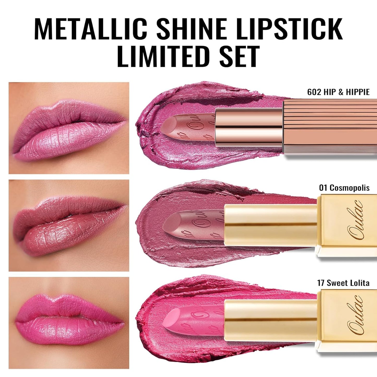 Oulac Metallic Pink Lipstick Set 3PCS, Comfortable Creamy Texture, Smooth No Grainy Feeling, Vegan & Gluten Free, Full-Coverage Lip Makeup, 3 X 4.3 g, 602+01+17