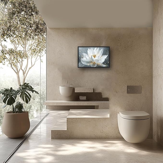 Olivine Zen Wall Art, Lotus Pictures Wall Decor, White and Golden Lotus Painting Flower Canvas Prints, Framed Artwork for Bedroom Bathroom Living Room Dining Room Office Home Decoration 36"x24"