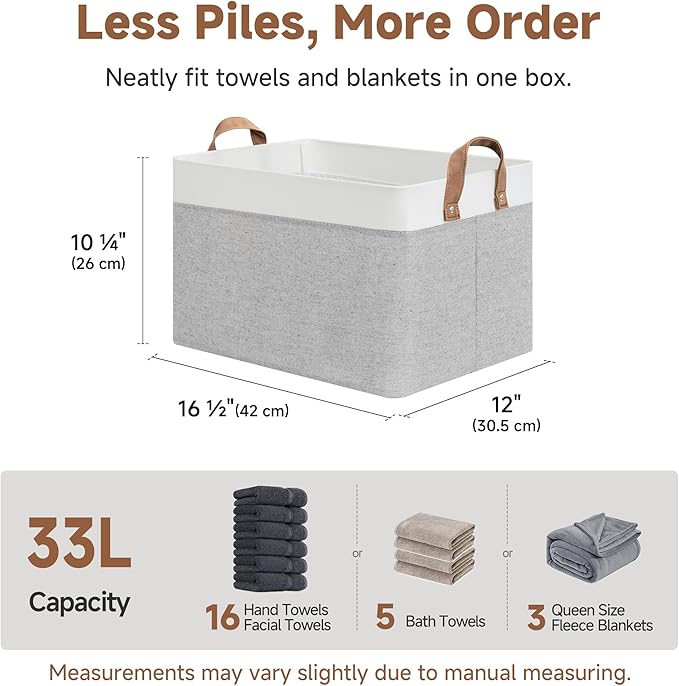 StorageWorks Storage Bins, Fabric Storage Bins for Shelves, Large Storage Baskets with Metal Frame, Closet Baskets and Bins with Handles, Gray and White, 2-Pack