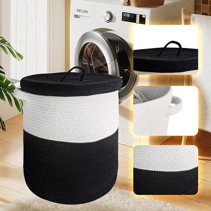 Large Storage Basket with Lid 60L, 16"Wx18"H Woven Laundry Hamper Basket with Handle, Room Decor Cotton Rope Wicker Basket Toy Organizer Bins for Clothes Blankets Pillows, Black/White Mix includes Lid