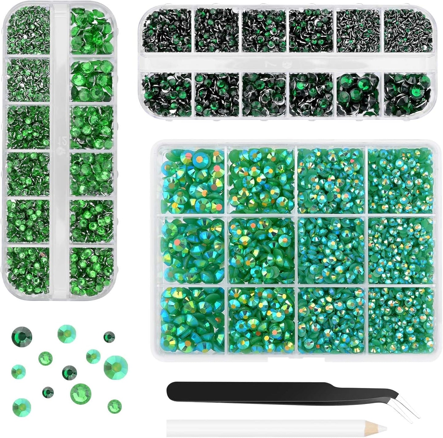 Morcheiong 17000Pcs Resin Rhinestones Green Flatback Crystals Diamond Includes Tweezers and Pickup Pen Suitable for Crafting DIY Nail Art Makeup Wedding Dress Clothing Mug