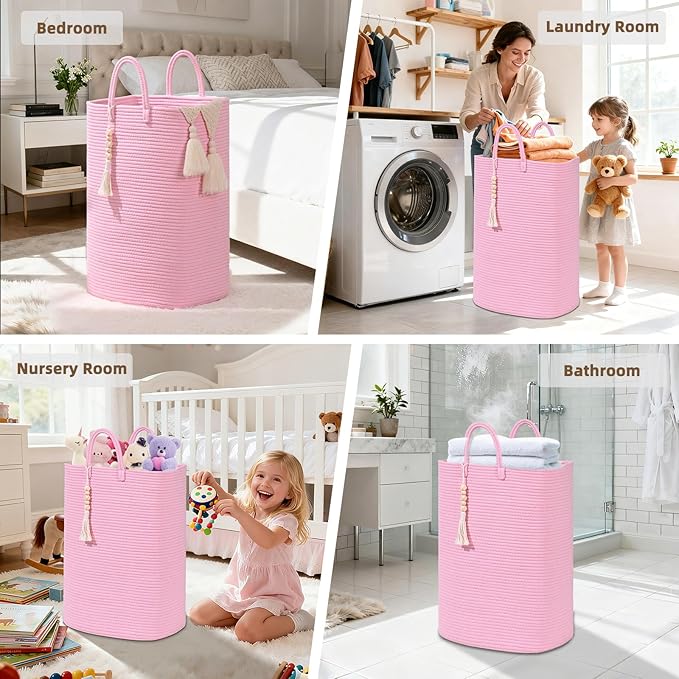 Woven Laundry Basket for Clothes, 65L Large Rectangle Laundry Hampers, Nursery Storage Basket for Toys, Tall Dirty Clothes Hamper for Bedroom Aesthetic, Bathroom, Laundry Room