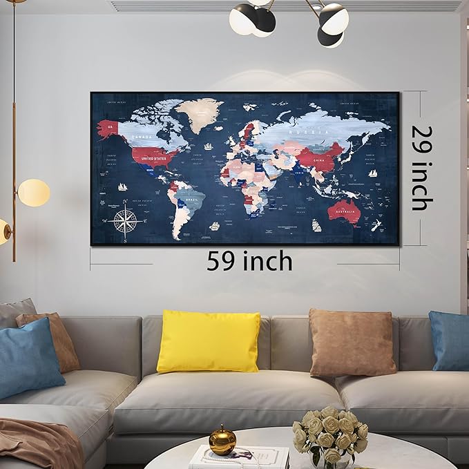 ZHAOSHOP World Map Wall Art for Living Room - Blue Wall Decor for Office - Large Framed Canvas Wall Art Ready to Hang Size 29" x 59"