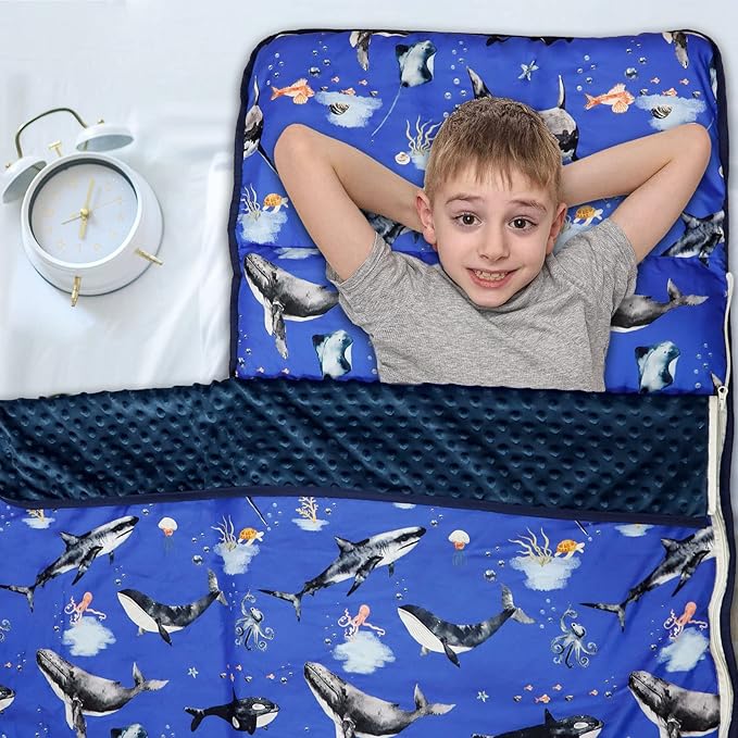 Toddler Nap Mat with Removable Pillow and Soft Dot Minky Blanket, Pea Pod Kids Shark Napping Mats Extra Large Rolled Slumber Bags for Boys Preschool, Daycare, Camping, 22.9 x 51.2inches Ages 3-7 Years