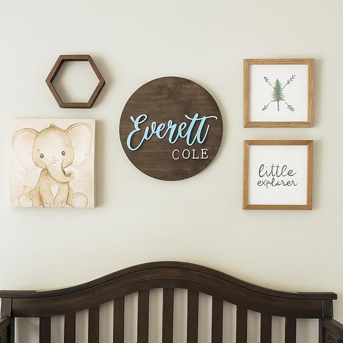 Custom Round Nusery Name Sign, Personalized 3D Baby Name Announcement Sign, Personalized Wooden Wall Plaque, 3D Wall Art for Children & Kids Rooms, Family Name Signs, 30 Colors (Design 7)