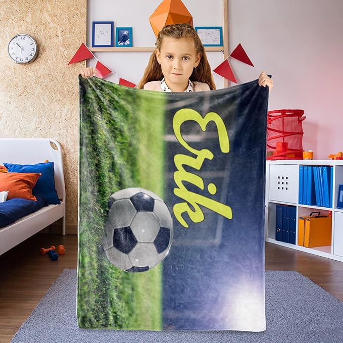 Personalized Baby Balll Soft Blanket: Custom Kids Soccer Design Blanket with Name and Number - Bedding Gifts for Infants Toddlers Adults 60x80inch