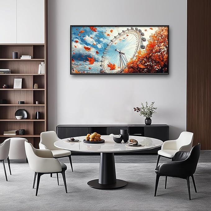 Olivine Large Fall Wall Art, London Eye Pictures Wall Decor, Fall London Painting, Autumn Canvas Prints, Framed Artwork for Bathroom Bedroom Living Room Office Home Decoration 60"x30"