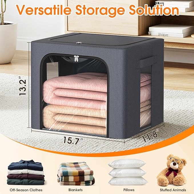 8 Pack Clothes Storage Bins with Metal Frame,40L Storage Bags Fabric Box Organizer with Clear Window,Zippers,Sturdy Handles(8 Pcs,Light Grey,40L)