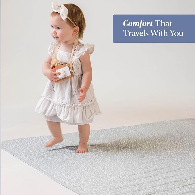 Toddlekind Premium Indoor/Outdoor Playmat & Picnic Blanket, Organic Quilted Cotton, Water-Resistant, Reversible Design, Spacious Play Mat for 6 People, Easy Roll-Up w/Carry Handle, Botanical Blue