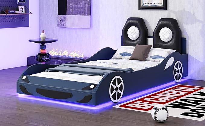 Bellemave Wood Twin Size Race Car-Shaped Platform Bed with LED and Upholstered Backrest, Kid's Platform Bed Frame with Race Car-Shaped and Safety Guardrails for Kids, Boys, Girls.(Blue)