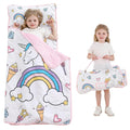 Viviland Toddler Kid Nap Mat for Preschool, White Unicorn Slumber Bag, Daycare Sleeping Bag with Pillow and Blanket, Kindergarten Sleep Mat