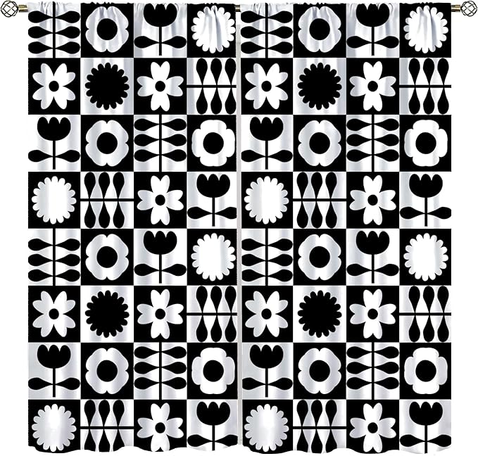 Mid Century Geometric Floral Curtains,Vintage 70s Window Treatments for Boys Girls Kids Bedroom Curtains,Boho Black and White Floral Curtains 42"" W X 45"" L, Style-10