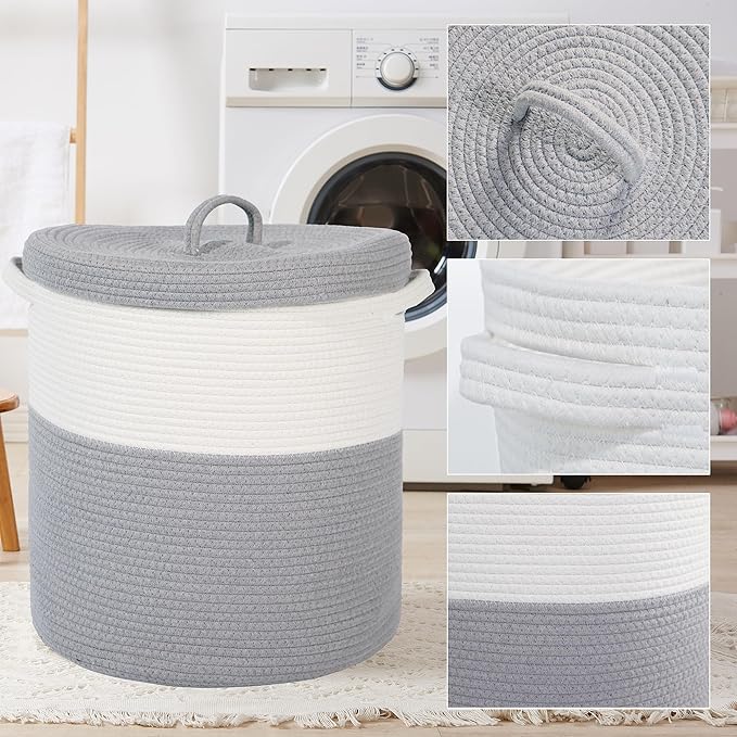 Large Storage Basket with Lid 60L, 16"Wx18"H Woven Laundry Hamper Basket with Handle, Room Decor Cotton Rope Wicker Basket Toy Organizer Bins for Clothes Blankets Pillows, Gray/White Mix includes Lid
