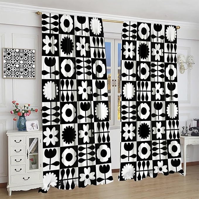 Mid Century Geometric Floral Curtains,Vintage 70s Window Treatments for Boys Girls Kids Bedroom Curtains,Boho Black and White Floral Curtains 42"" W X 45"" L, Style-10