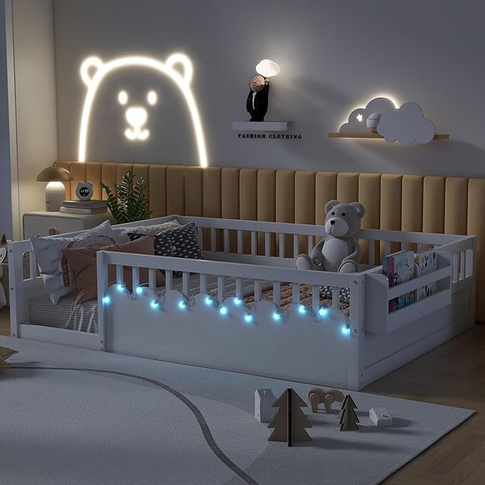 Full Size Floor Bed for Kids, Wood Montessori Floor Bed Full with High Rails & Storage Shelf, Baby Floor Beds with LED Light for Boys & Girls, White