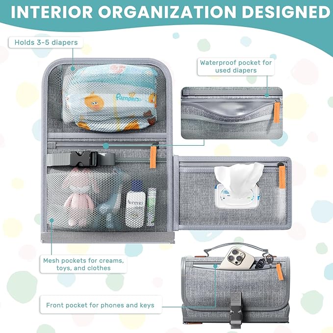 UBRAVOO Portable Diaper Changing Pad - Baby Diaper Changer Travel Bag with Wipes Pocket, Smart Design Portable Changing Mat, Infant Travel Station Kit, Gift for Newborn Girl & Boy (Grey)