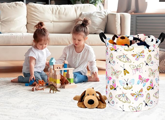KUNRO Spring Butterfly Laundry Gift Basket Storage Hamper, Kids Toys and Clothes Storage Organizer Bins, Toy Shelf Basket with Handles for Room Decor