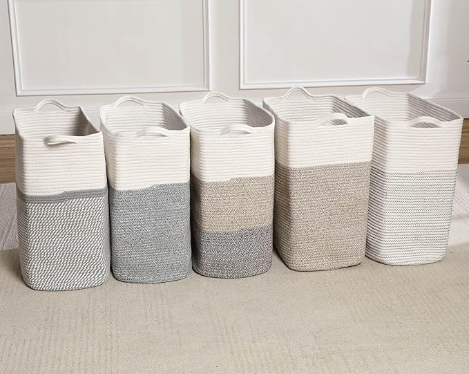 Tall Laundry Basket With Handles,Woven Cotton Rope Big Laundry Hamper Sorters,Versatile Storage for Dirty Clothes,Baby Toys,and Blankets in Bathroom, Nursery,and Living Room (White Brown, 50L)