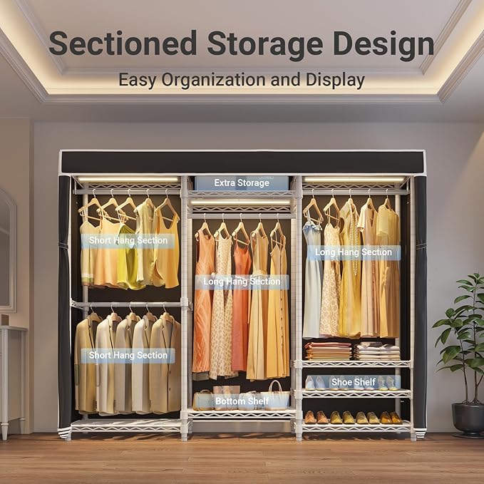 VIPEK V5LC Garment Rack Heavy Duty Covered Clothes Racks with Dimmable LED Light, 3000K Warm White, Portable Closet Wardrobe Freestanding Clothing Rack for Hanging Clothes, White Rack with Black Cover